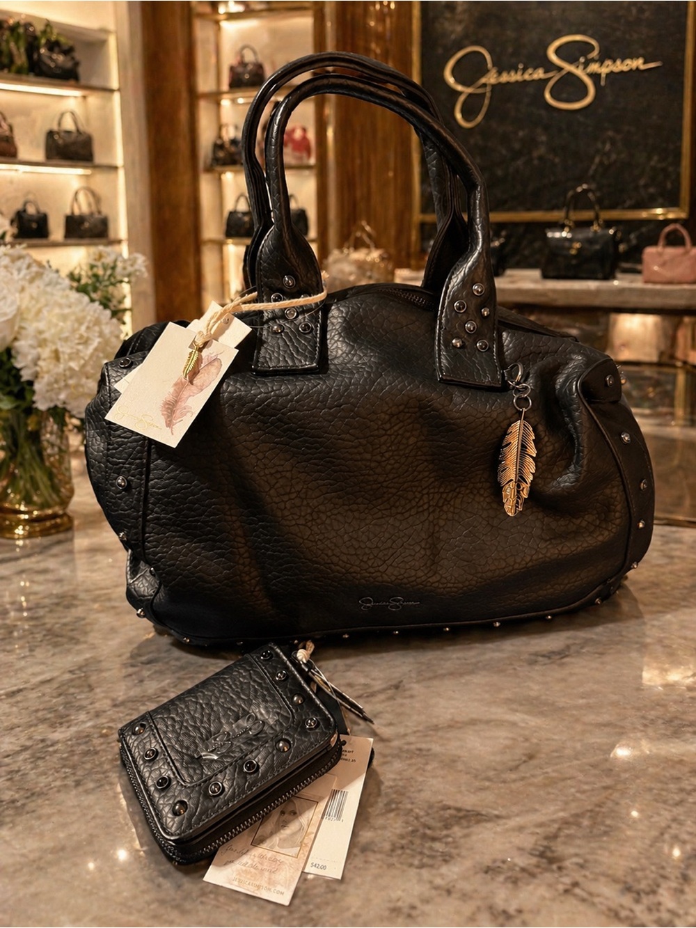 Jessica Simpson Black Stud-Accent Leather Satchel With Matching Wallet
